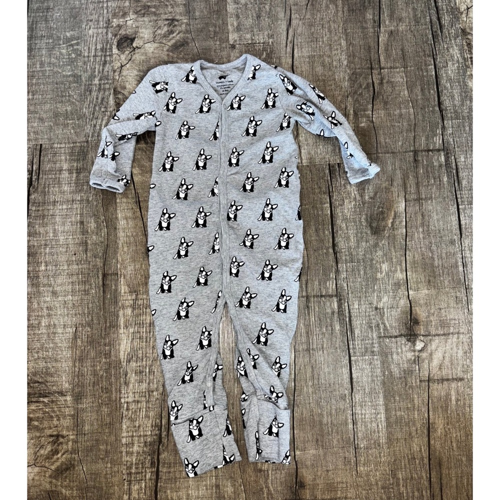 Monica + Andy French Bulldog Organic Cotton Baby Romper Gray 6-9M Snap Front‎